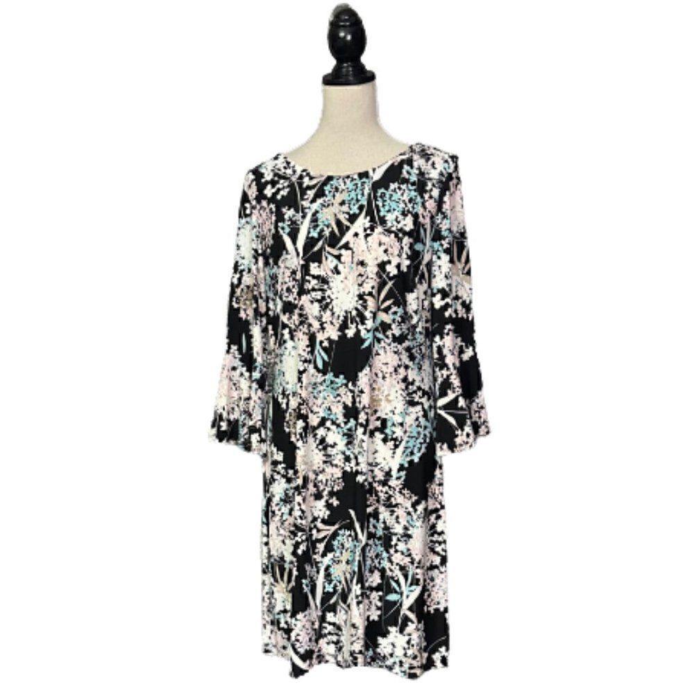 Tommy Hilfiger Pink & Black Floral Soft Dress Flare Slvs Silver Zipper Sz M